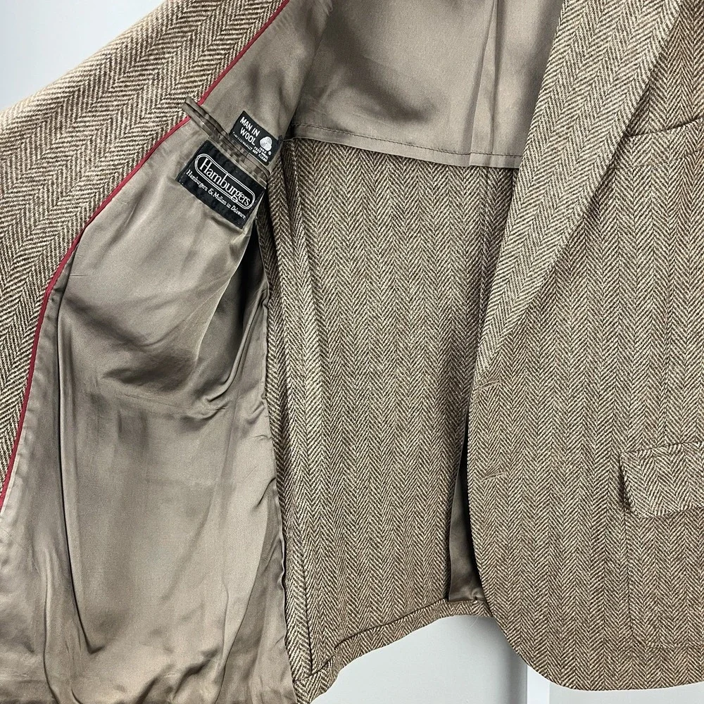 Hamburgers Mullins Mens Vintage Blazer Sport Coat Jacket Brown Herringbone Wool